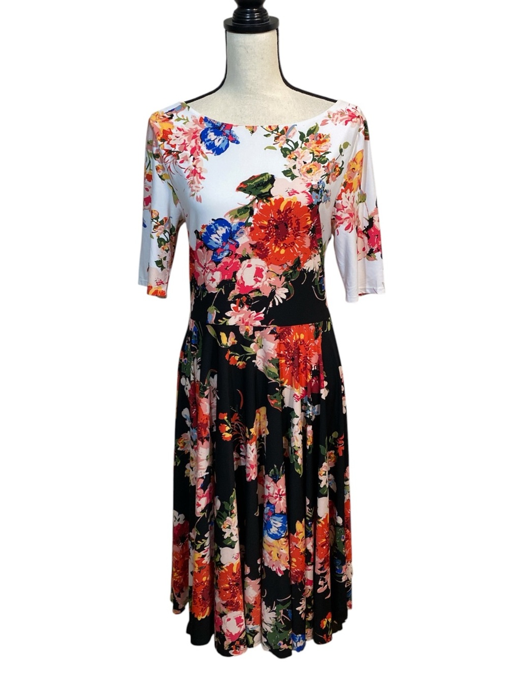 Marc Bouwer Elbow Sleeve Black and White Floral Midi Dress L
